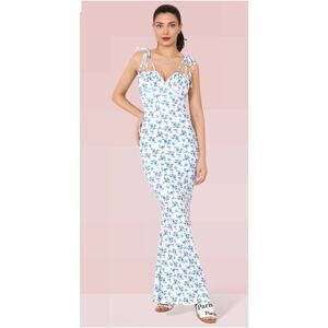 Parthea Maxi Dress Small Blue Floral Tie Strap Slinky Bodycon Cottagecore Soft